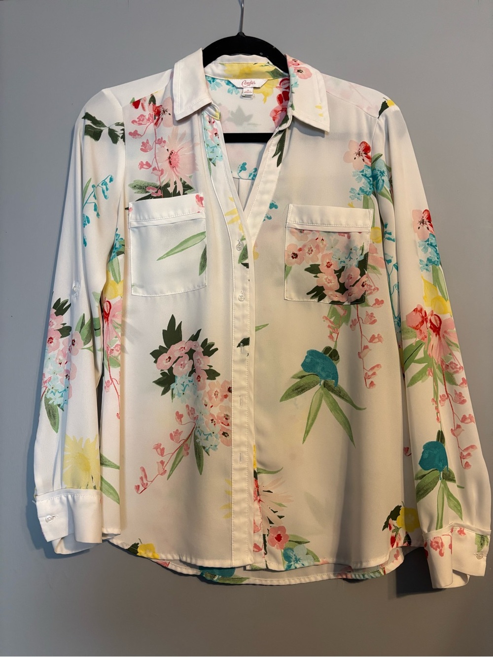 Candie's White Floral Button-Up Blouse with Yellow, Pink, Blue, and Green Print